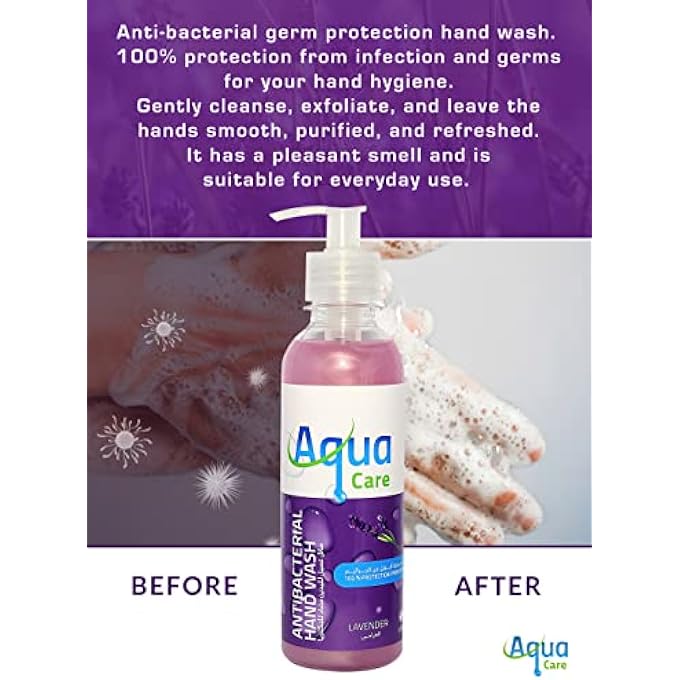 Aqua Care ANTIBACTERIAL LIQUID HAND WASH LAVENDER EXTRACT, EFFECTIVE GERM PROTECT SKIN HAND SOAP, MOISTURIZING & SOOTHING CLEAN WITH FRESH LAVENDER SCENT, ESSENTIAL OILS & PARABEN FREE, 240ML - Image 3